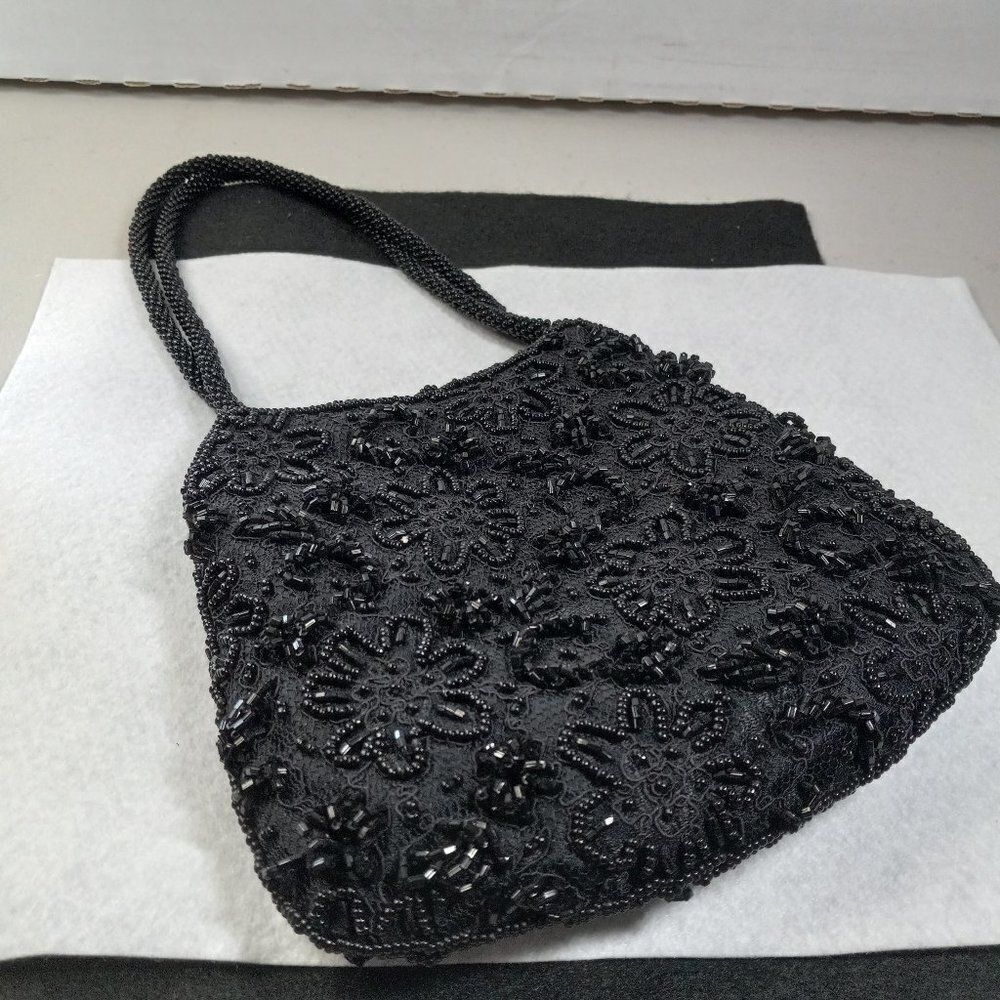 Cache Black Beaded Evening Bag Shoulder or Wristlet Cottagecore Wedding Prom